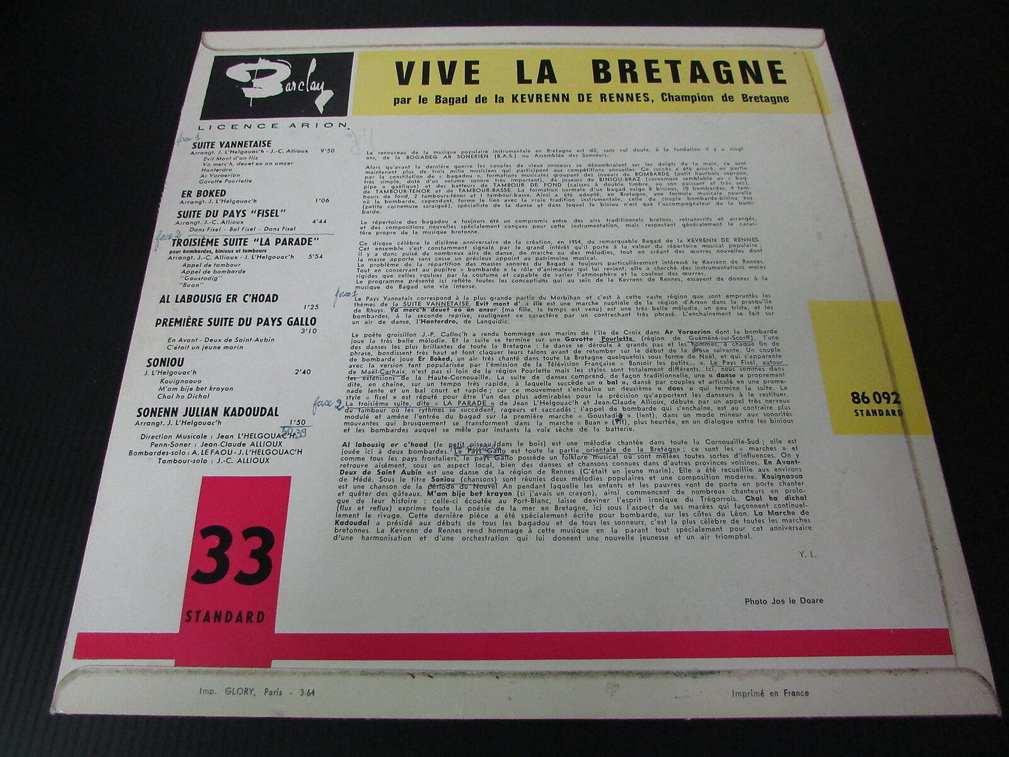 BAGAD DE LA KEVRENN DE RENNES LP 33T 10" VIVE LA BRETAGNE BARCLAY 86092