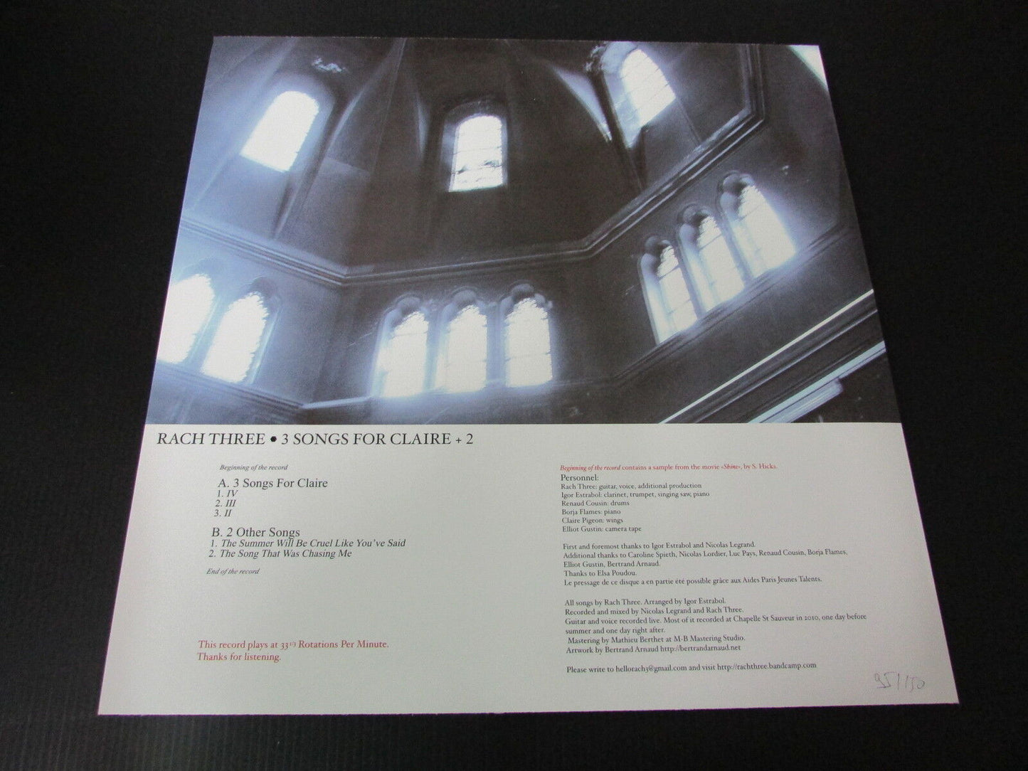 RACH THREE 3 SONGS FOR CLAIRE +2 LP 33T 12" LIMITED FRANCE