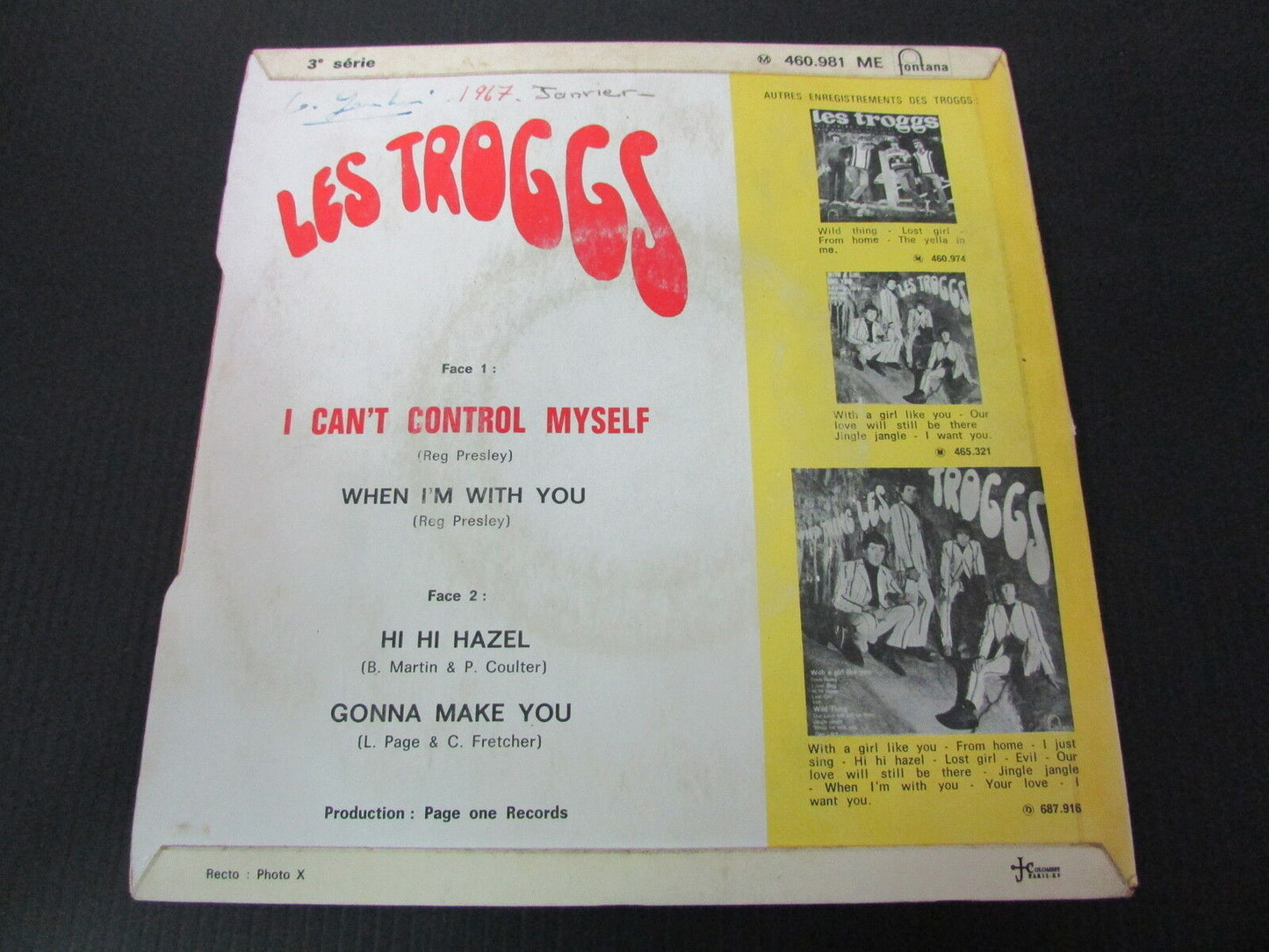 THE TROGGS EP 45T 7" I CAN'T CONTROL MYSELF FONTANA 460981 FRANCE