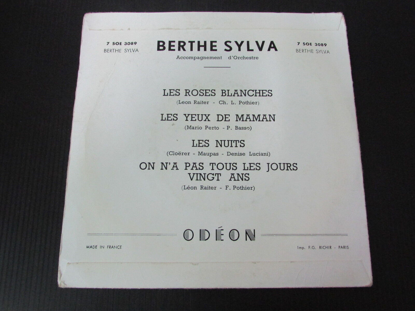 BERTHE SYLVA EP 45T 7" LES ROSES BLANCHES ODEON 7 SOE 3089