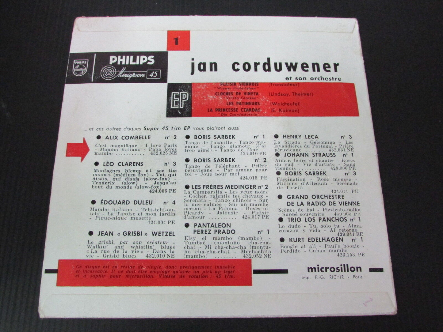 JAN CORDUWENER ET SON ORCHESTRE EP 45T 7" VALSES PHILIPS