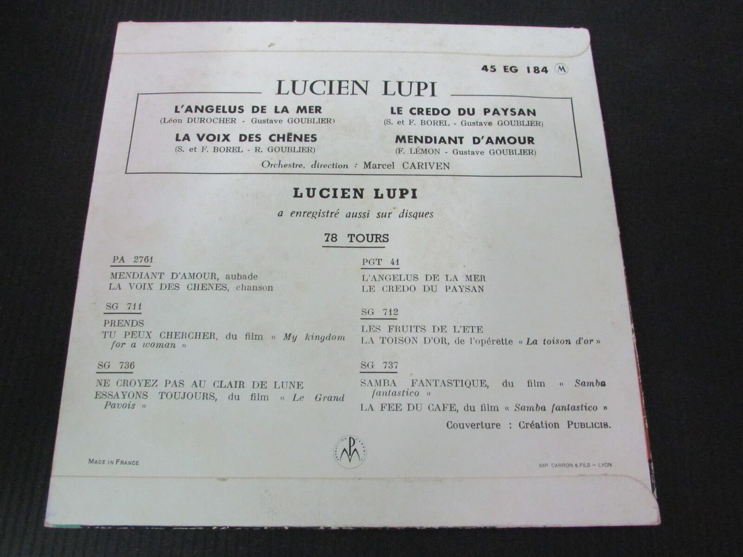 LUCIEN LUPI EP 45T 7" L'ANGELUS DE LA MER PATHE EG 184