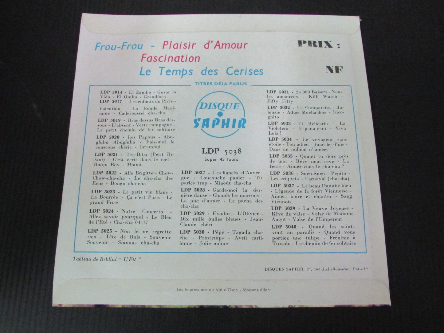 DOMINIQUE CHANTEL   VALSES ET MELODIES DE LA BELLE EPOQUE   EP 45T 7"   SAPHIR