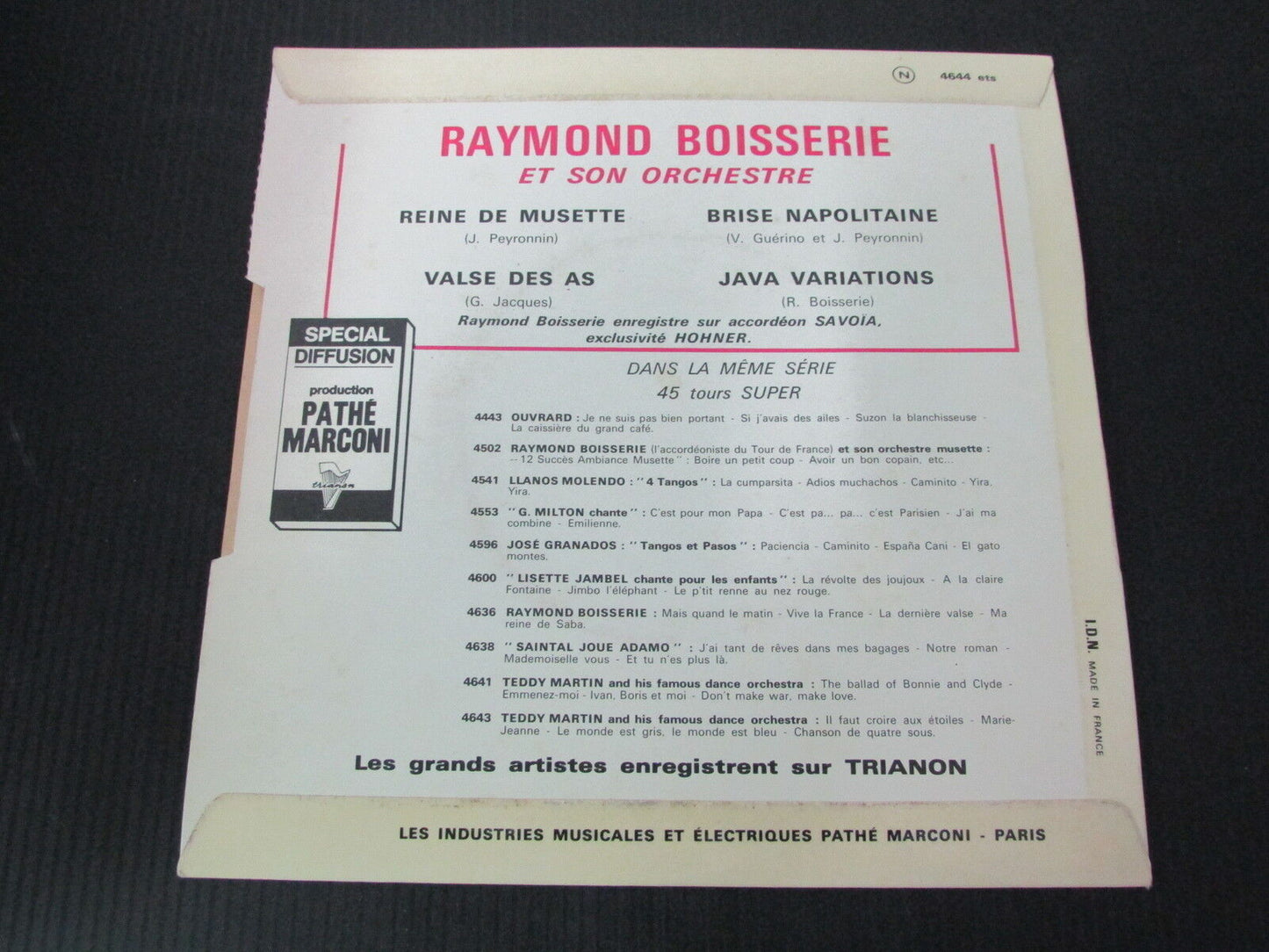 RAYMOND BOISSERIE joue LES CLASSIQUES DU MUSETTE VOLUME 1 EP 45T 7" TRIANON
