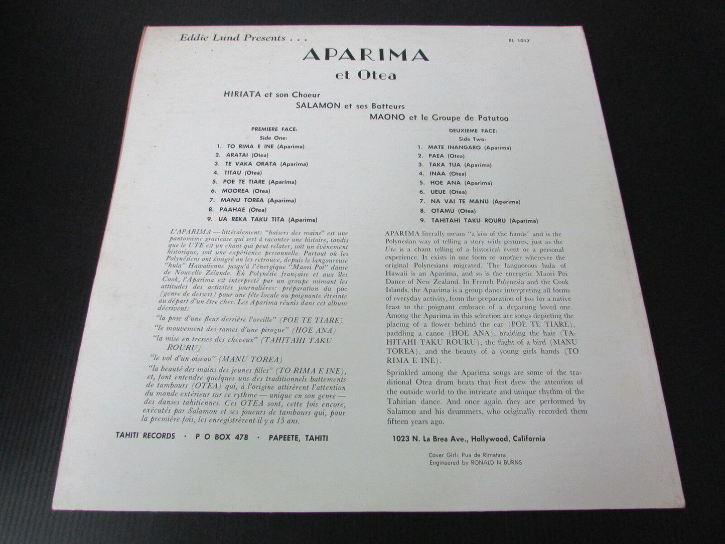 EDDIE LUND PRESENTS... APARIMA ET OTEA LP 33T 12" TAHITI RECORDS EL 1017
