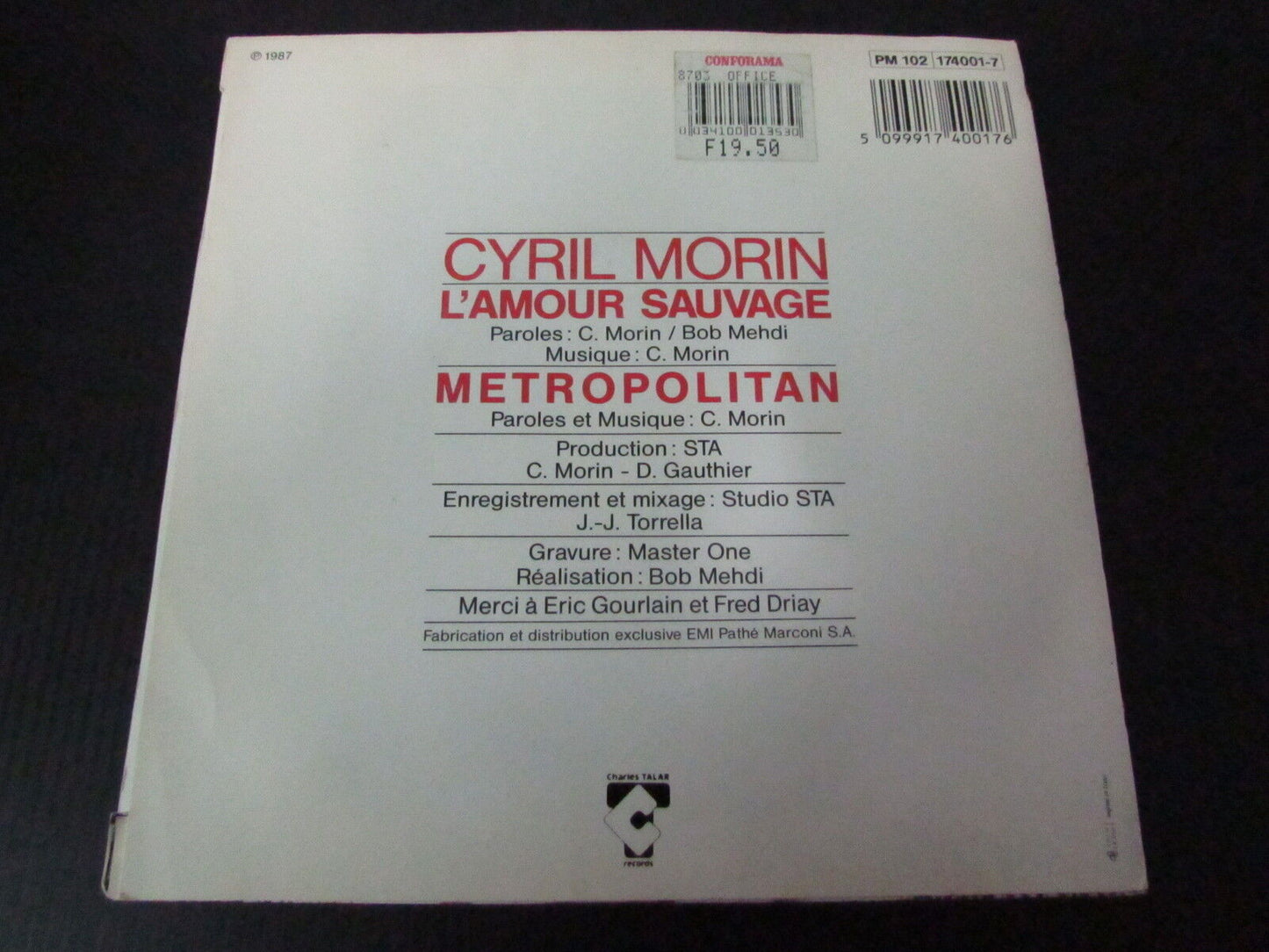CYRIL MORIN SP 45T 7" L'AMOUR SAUVAGE 1987