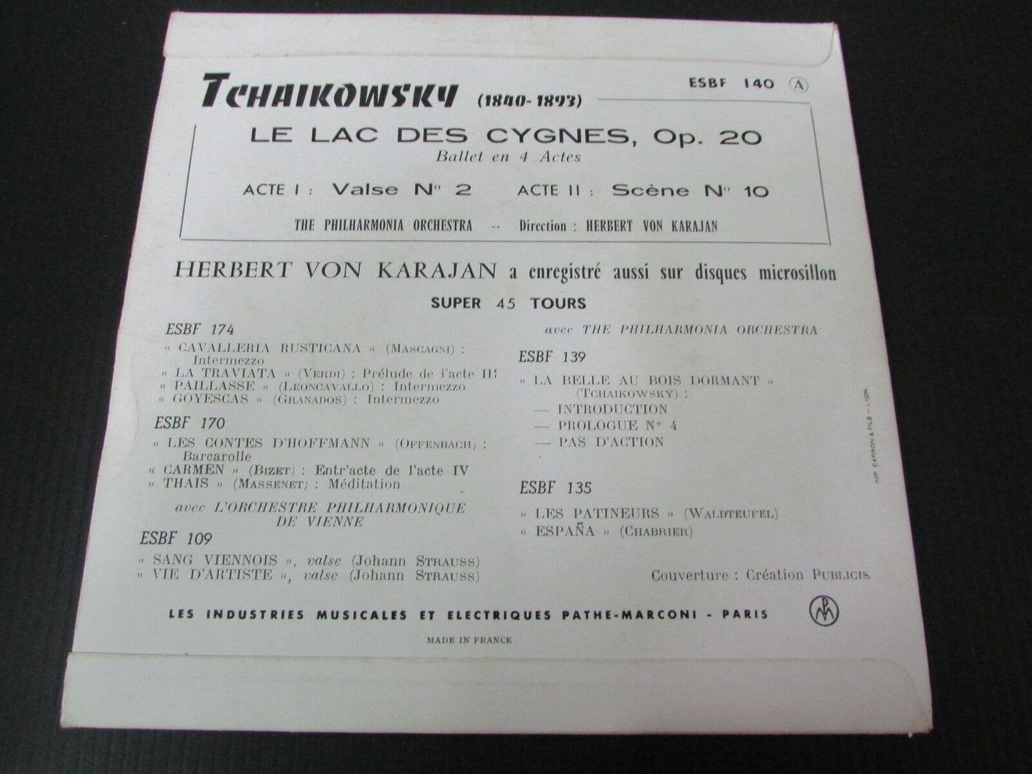TCHAÏKOWSKY / HERBERT VON KARAJAN SP 45T 7" LE LAC DES CYGNES COLUMBIA