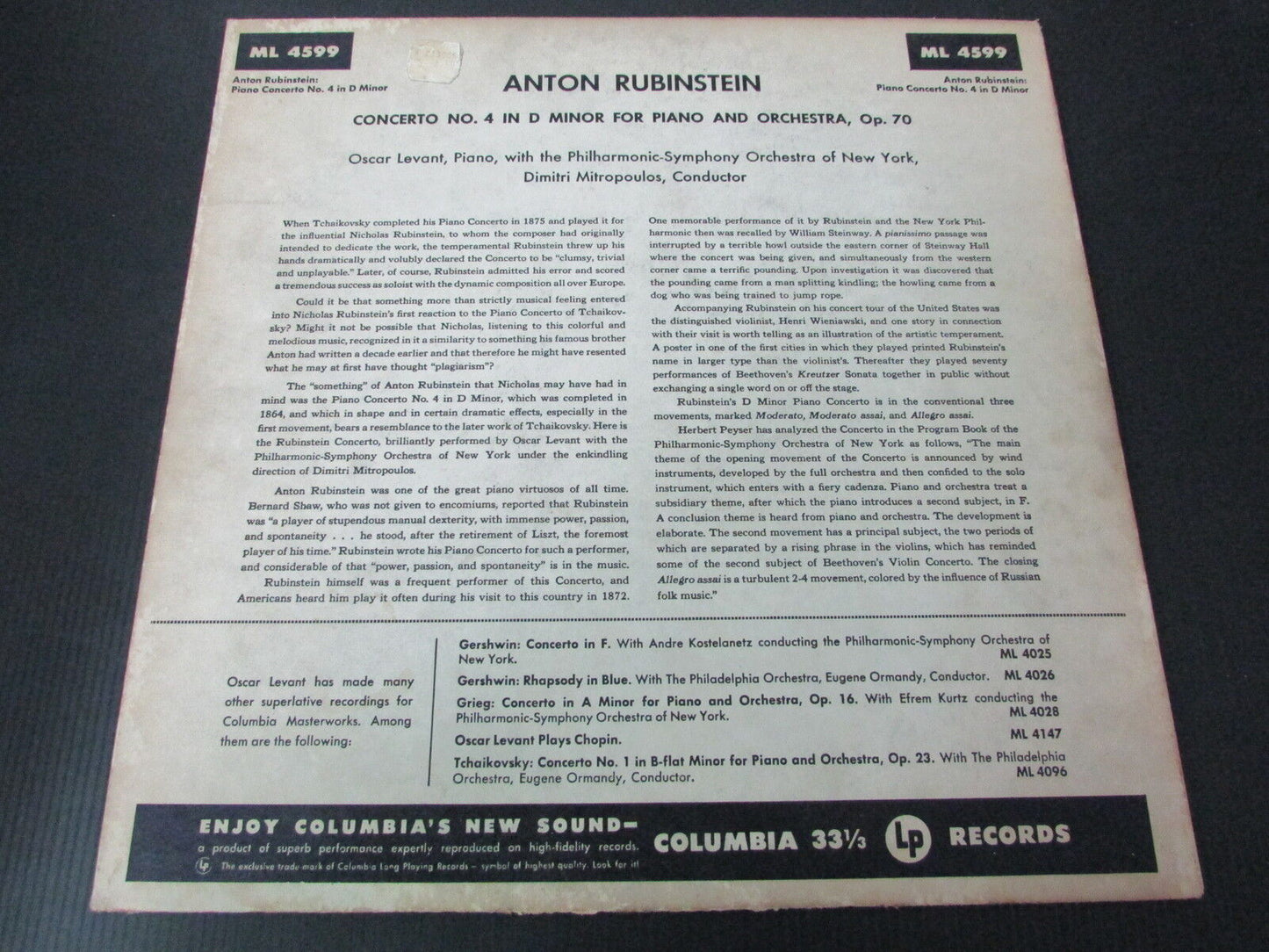 OSCAR LEVANT / RUBINSTEIN / MITROPOULOS LP 33T 12" USA COLUMBIA ML 4599
