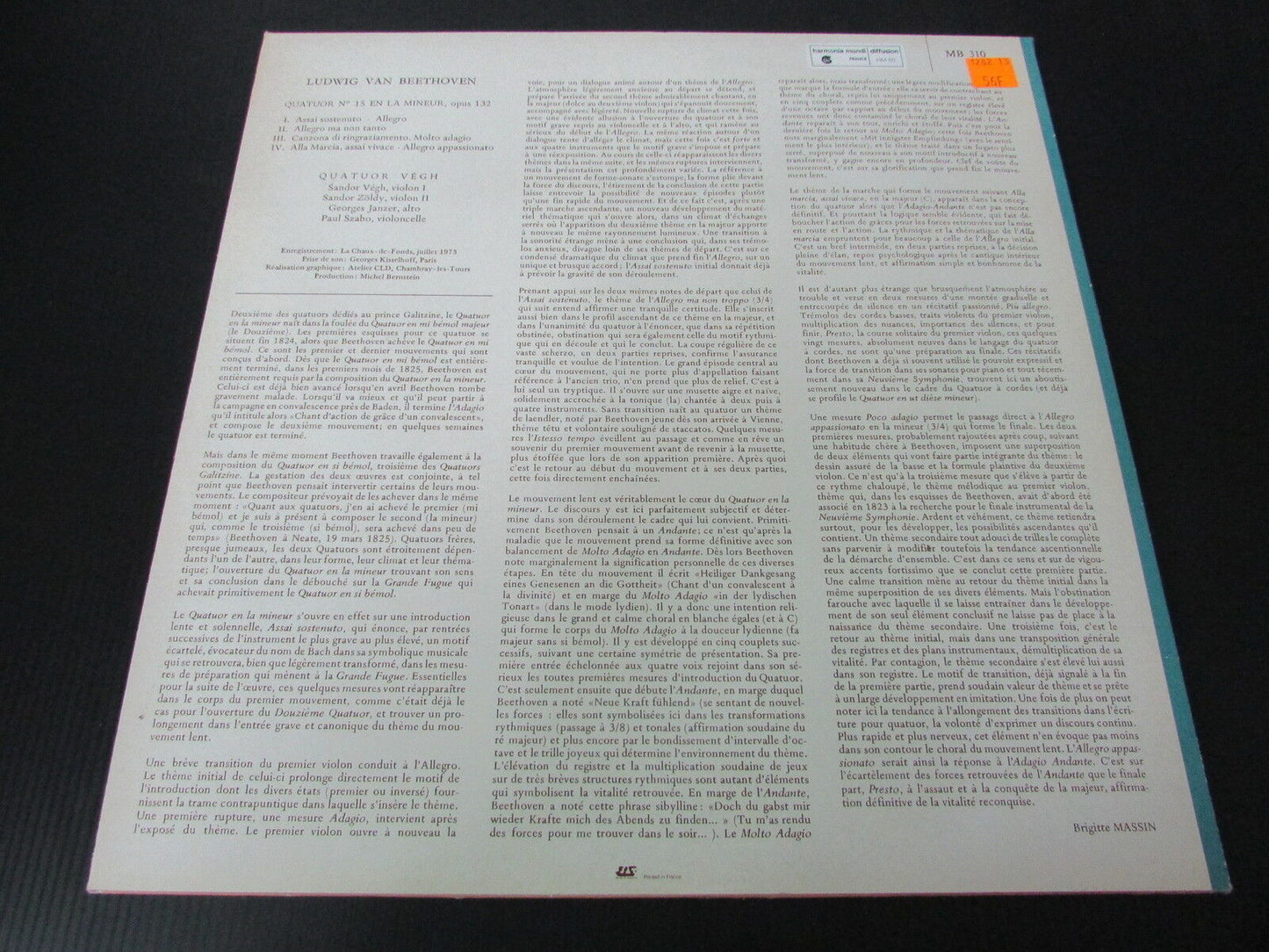 QUATUOR VEGH BEETHOVEN VALOIS MB 310 LP 33T 12"