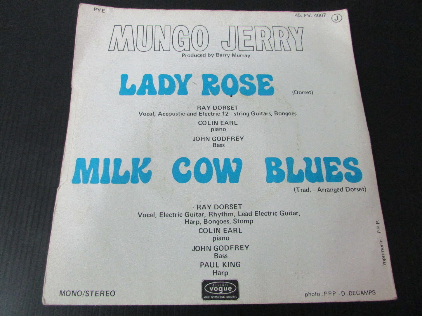 MUNGO JERRY SP 45T 7" LADY ROSE VOGUE