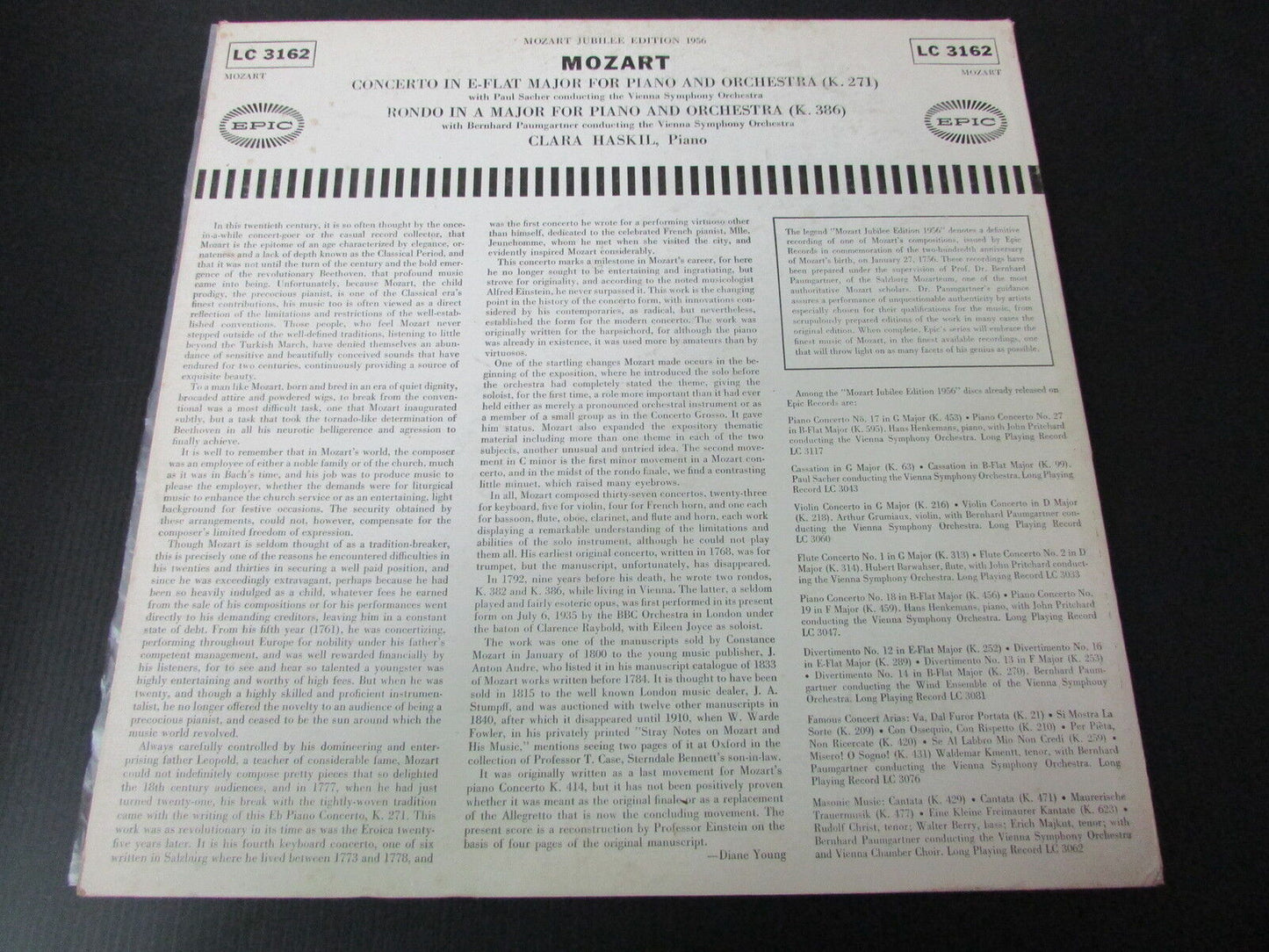 CLARA HASKIL, piano MOZART JUBILEE 1956 EPIC LC 3162 USA LP 33T 12"