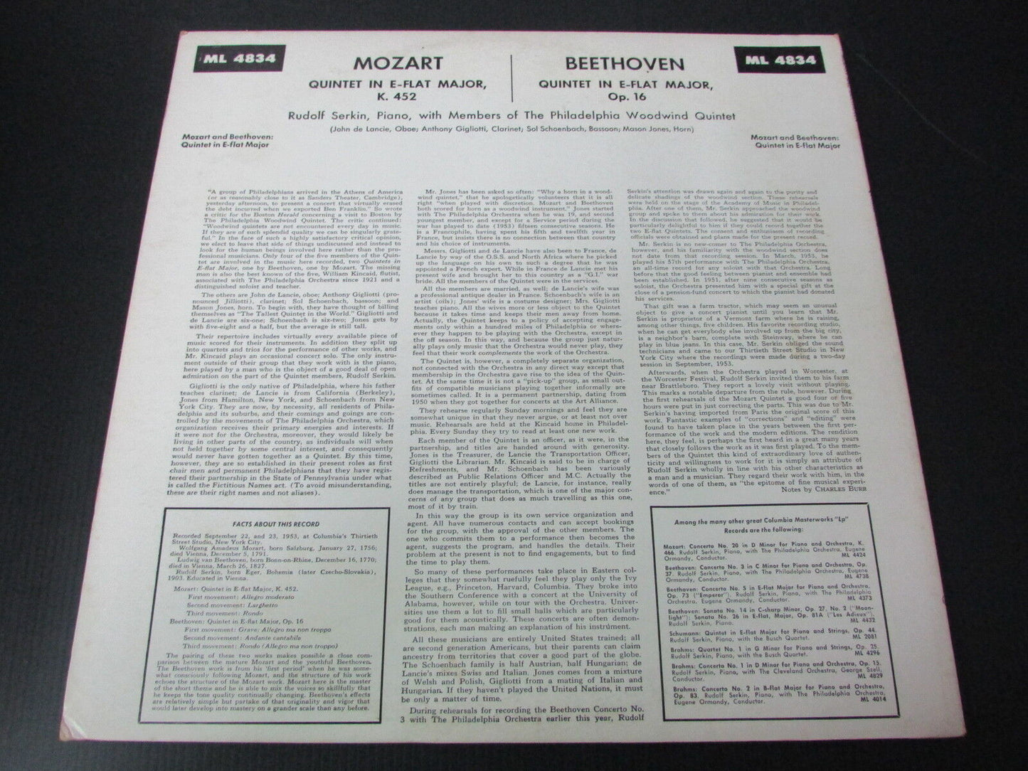 RUDOLF SERKIN & PHILADELPHIA WOODWIND QUINTET BEETHOVEN MOZART LP 33T 12"