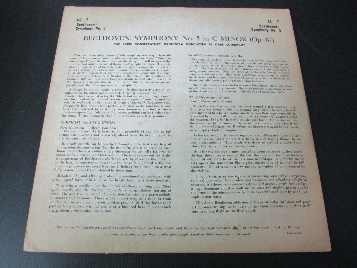 BEETHOVEN Symphony No. 5 in C minor, Opus 67 CARL SCHURICHT LONDON LP 33T 12"