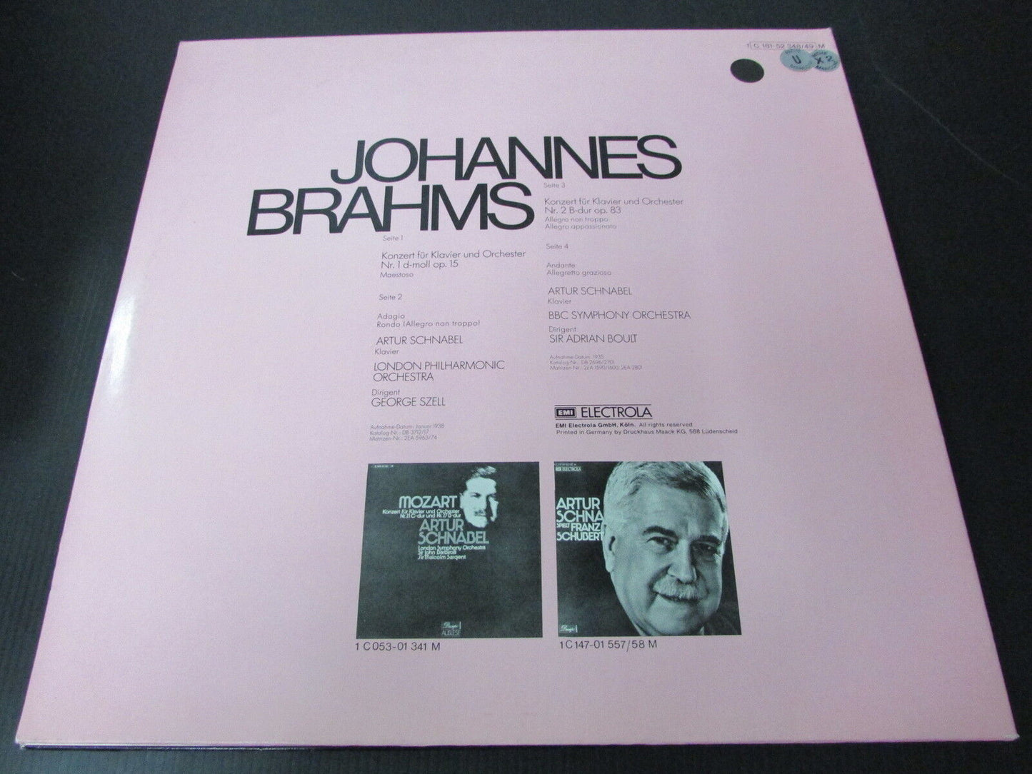 BRAHMS KLAVIERKONZERTE Nr.1 UND Nr.2 ARTUR SCHNABEL DACAPO 2 x LP 33T 12"