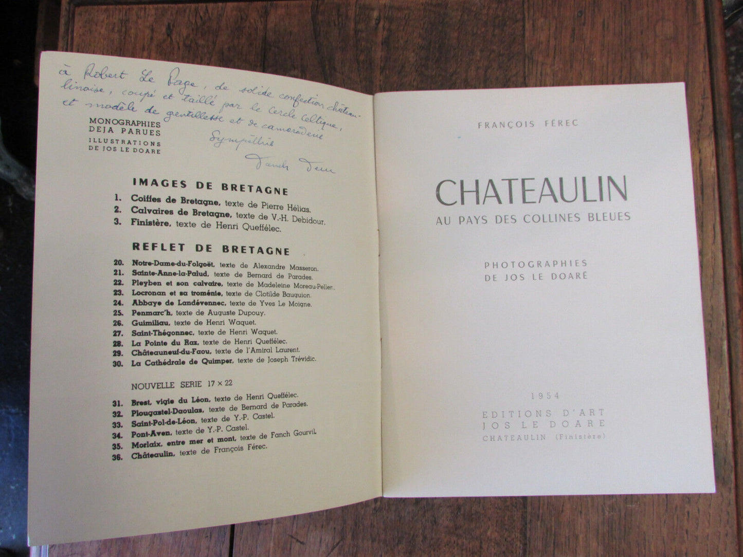 CHATEAULIN LES COLLINES BLEUES ENVOI de FRANCOIS FEREC 1954