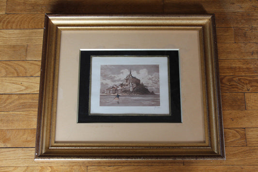 Ancienne Gravure encadrée et signée GEO DORIS Mont Saint Michel