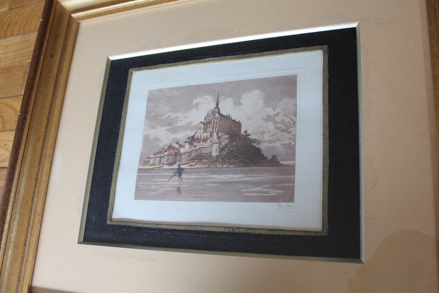 Antique framed and signed engraving GEO DORIS Mont Saint Michel