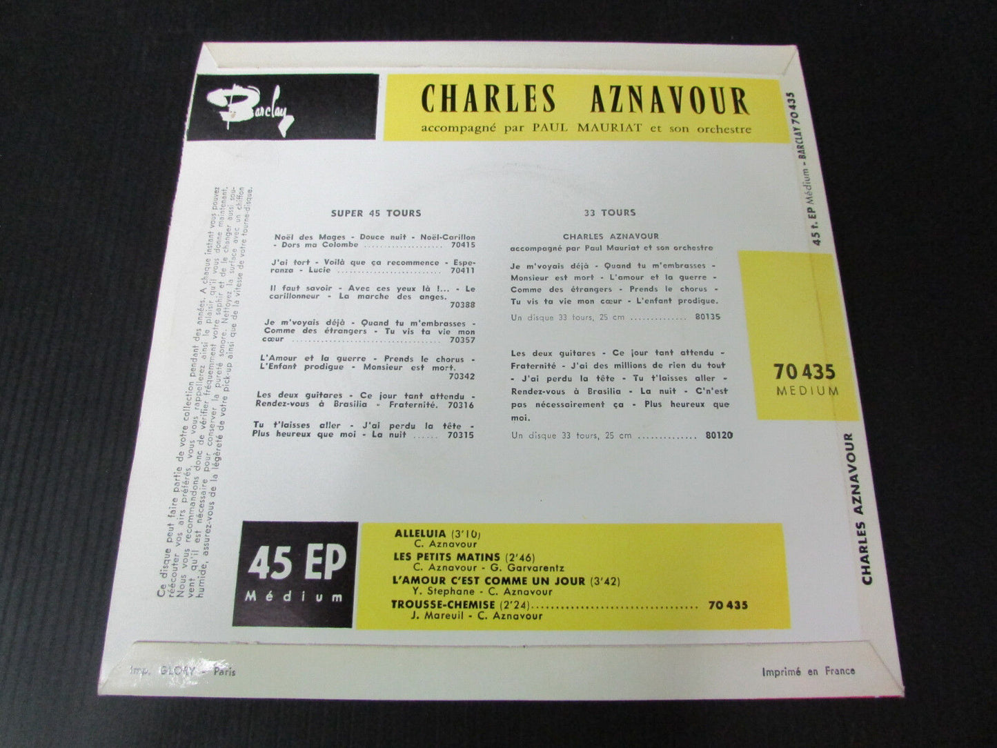 CHARLES AZNAVOUR EP 45T 7" ALLELUIA BARCLAY 70435