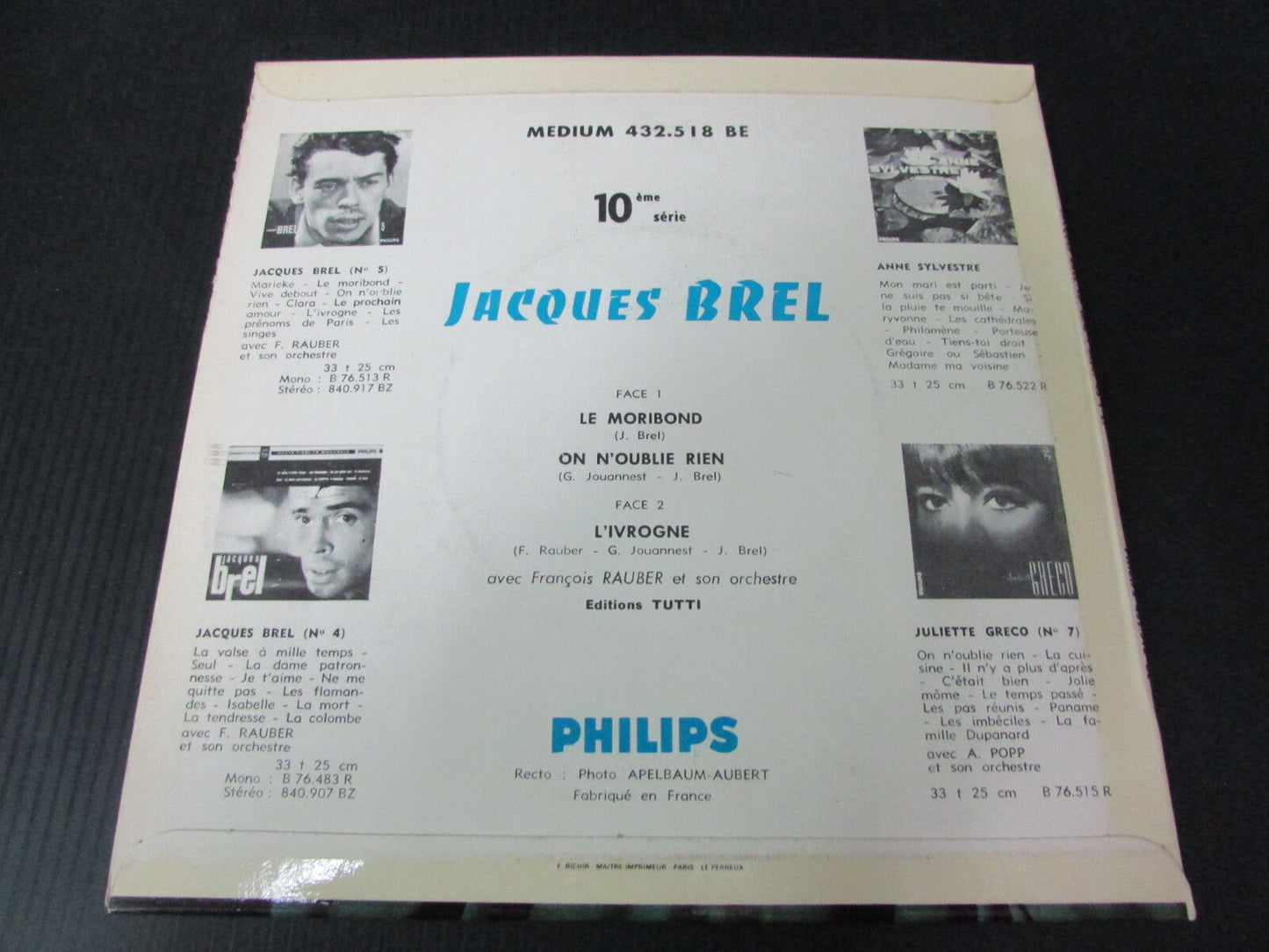 JACQUES BREL EP 45T 7" LE MORIBOND PHILIPS 432518 BE