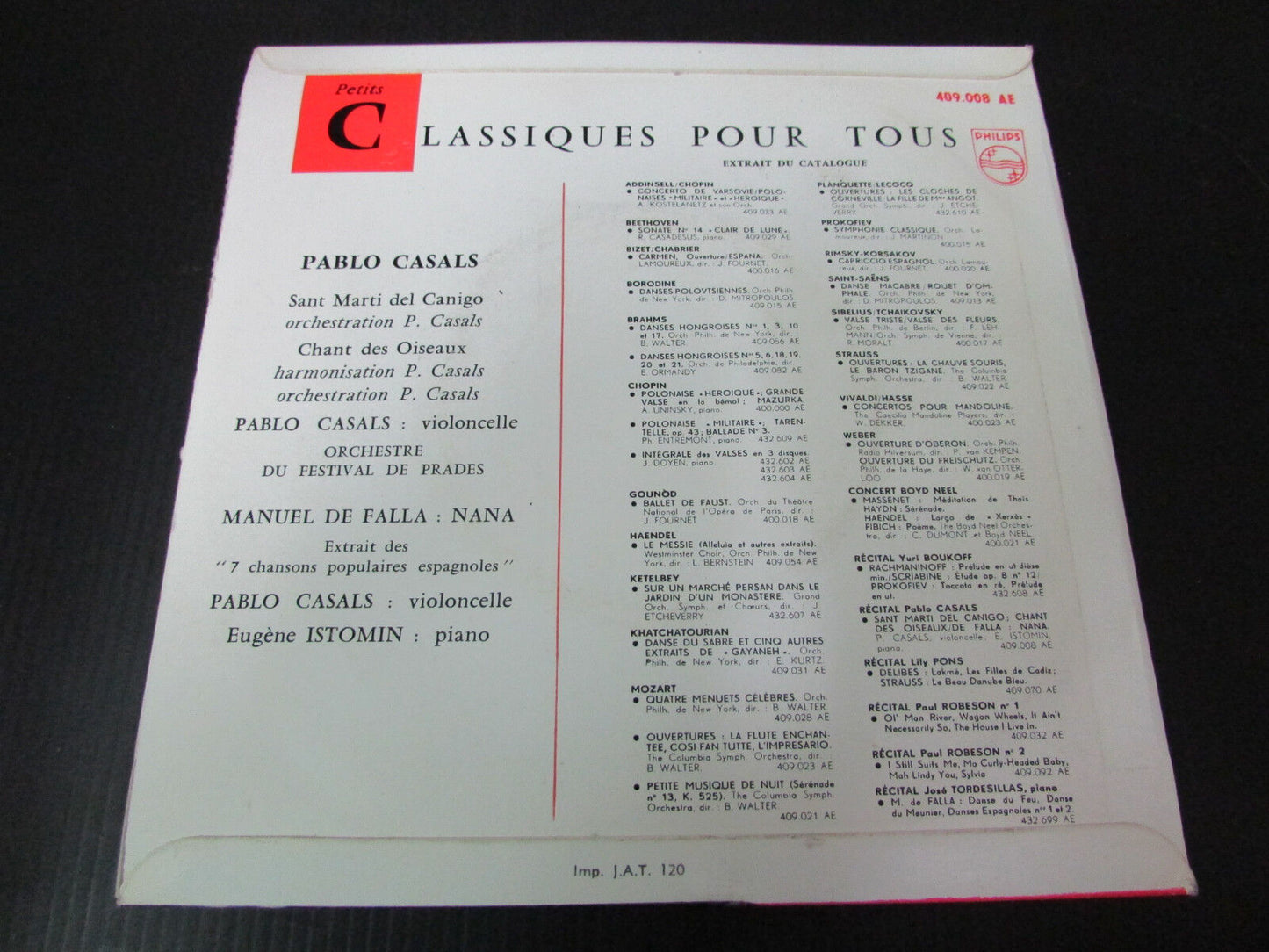 PABLO CASALS FRENCH EP 45T 7" PHILIPS 409.008 AE