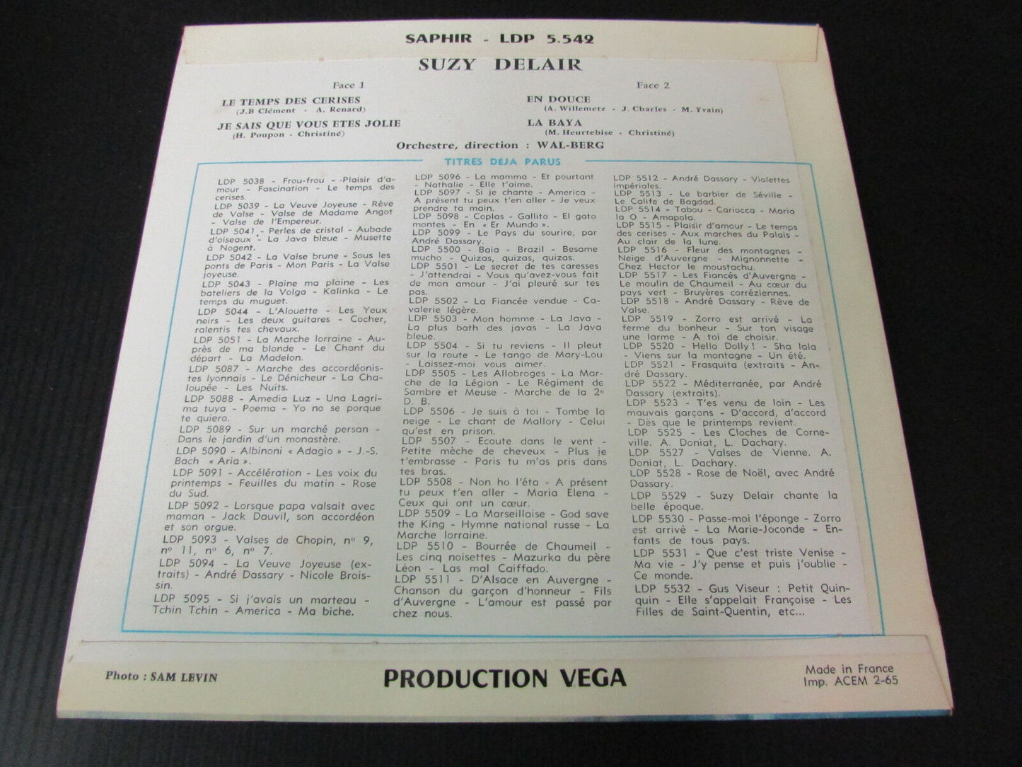 SUZY DELAIR EP 45T 7" LE TEMPS DES CERISES DISQUE SAPHIR LDP 5542 FRANCE