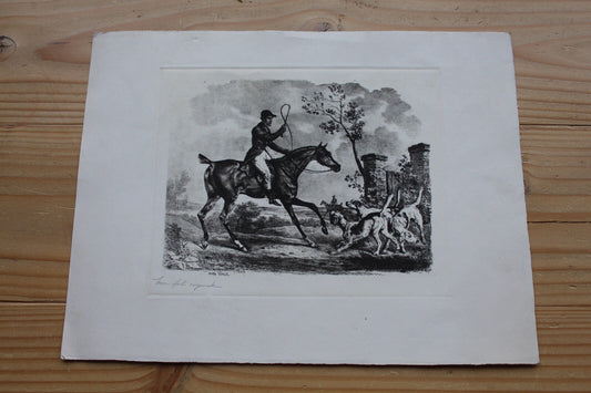 Eau Forte Originale Scène de Chasse à Courre Vénerie Signature à identifier