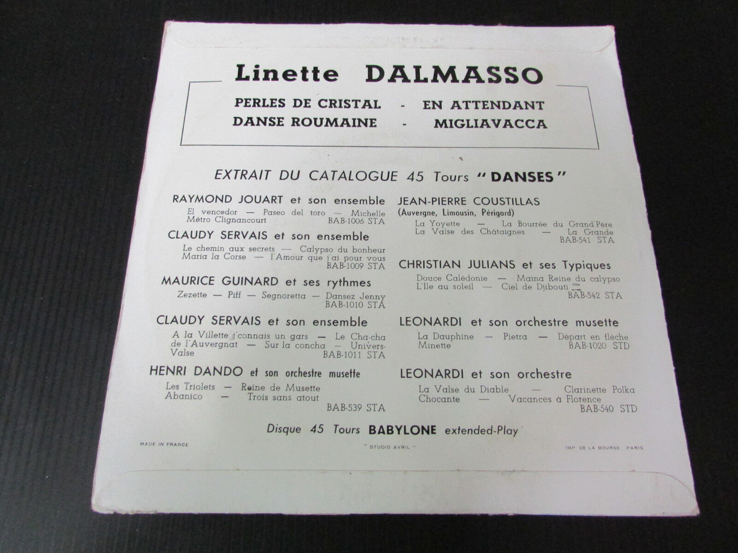 LINETTE DALMASSO EP 45T 7" PERLES DE CRISTAL BABYLONE BAB 544 STA
