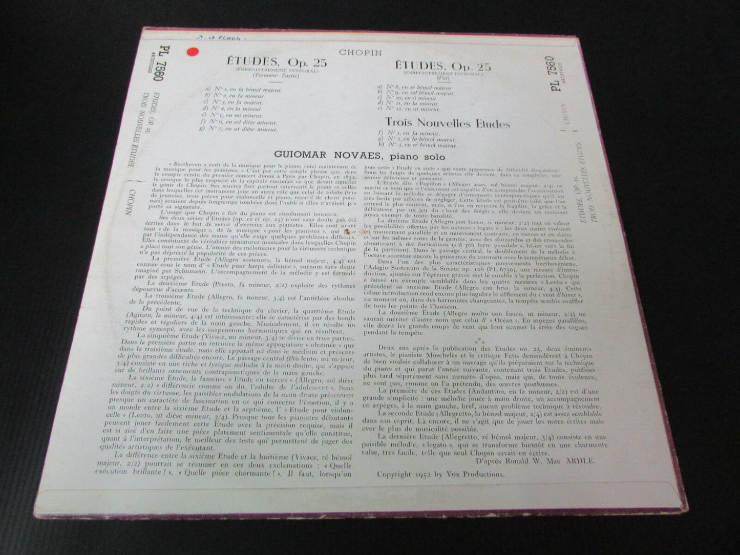 CHOPIN Etudes Opus 25 / Trois Nouvelles Etudes GUIOMAR NOVAES PATHE VOX PL 7560