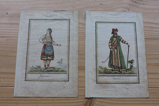 SAUVEUR / LAROQUE Lot 2 Anciennes Gravures Aquarellées XVIIIe INGRIEN INGRIENNE