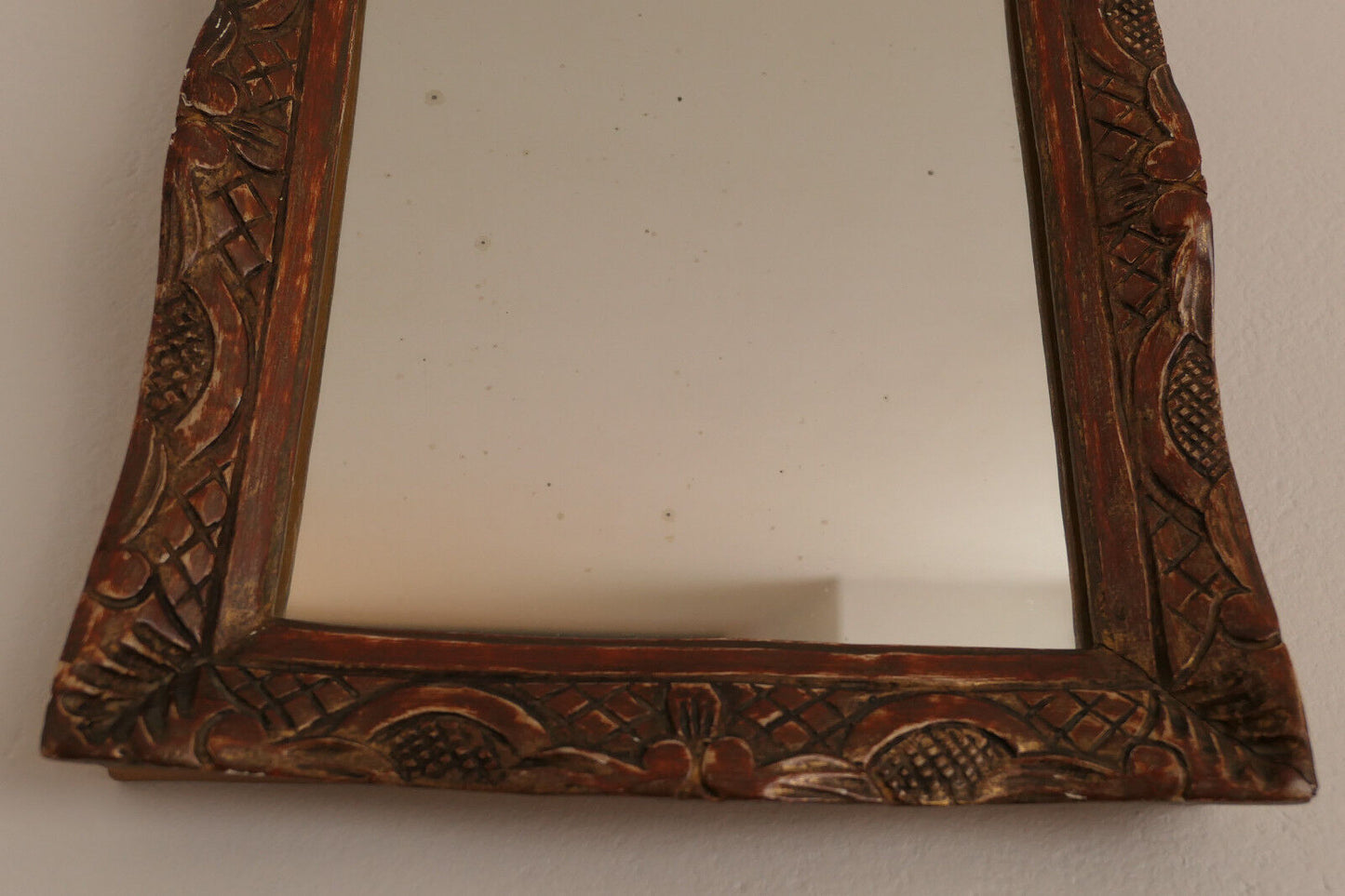 OLD SMALL MERCURY MIRROR, CARVED WOOD FRONTMENT MIRROR, 18TH CENTURY