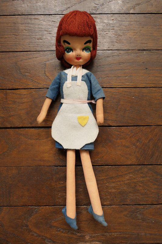 ANCIENNE POUPEE FEMME ROBE TISSU FEUTRE LAINE JOUET DECO VINTAGE 1960/70