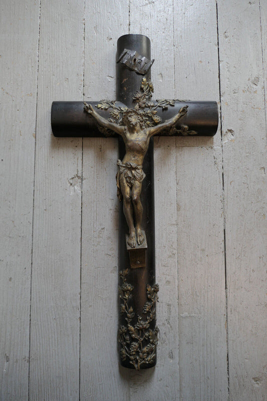 ANCIEN CRUCIFIX CROIX CATHOLIQUE BOIS NOIRCI METAL REGULE FIN XIXe / DEBUT XXe