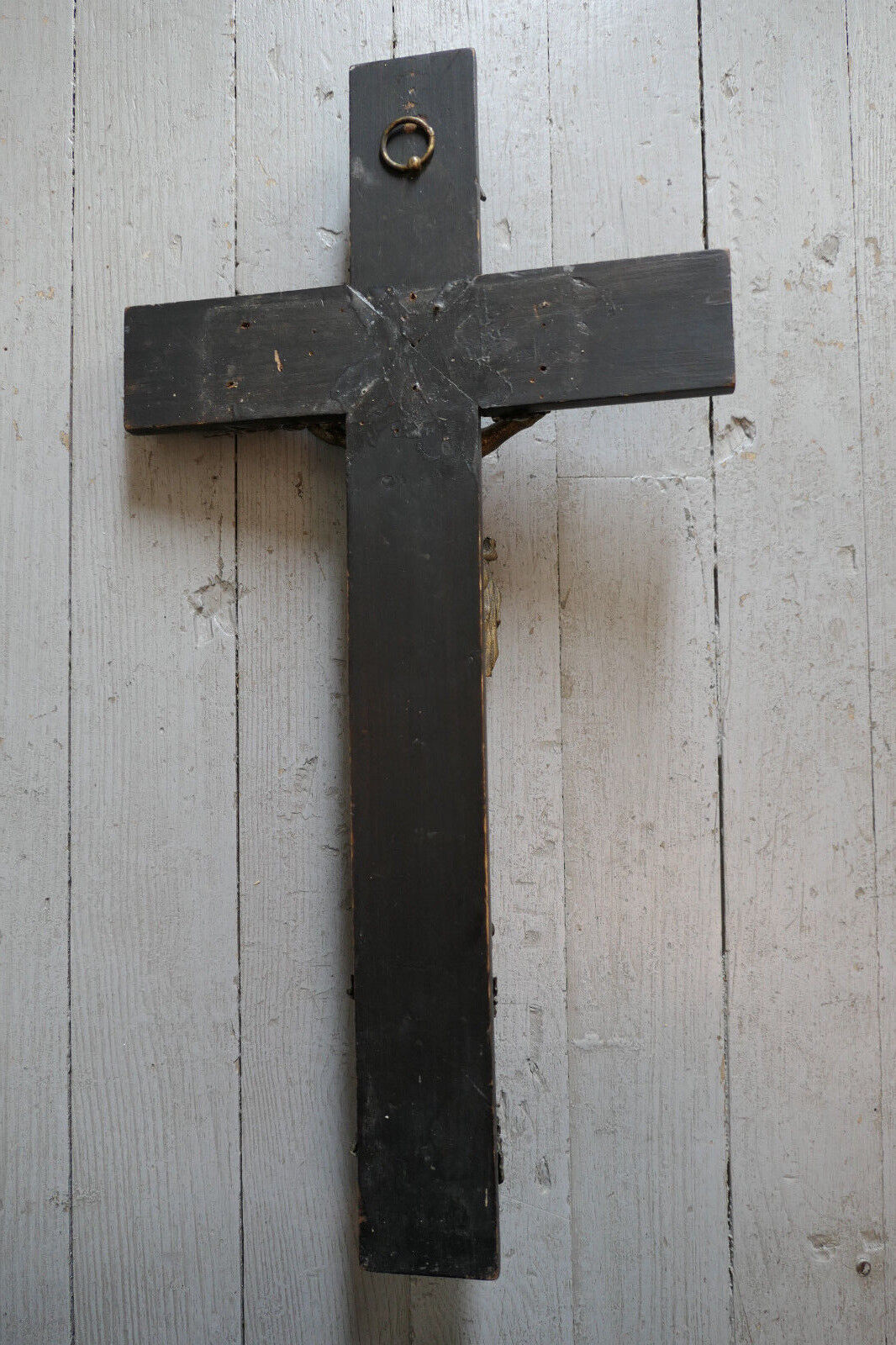 ANCIEN CRUCIFIX CROIX CATHOLIQUE BOIS NOIRCI METAL REGULE FIN XIXe / DEBUT XXe