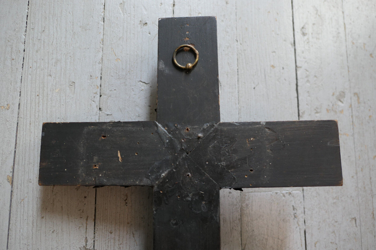 ANCIEN CRUCIFIX CROIX CATHOLIQUE BOIS NOIRCI METAL REGULE FIN XIXe / DEBUT XXe