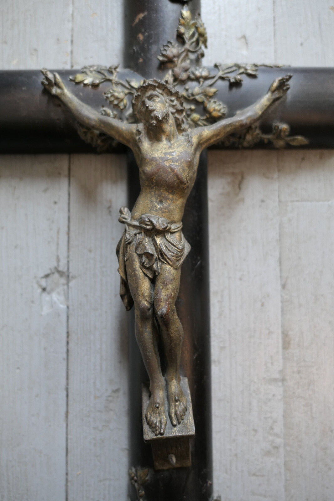 ANCIEN CRUCIFIX CROIX CATHOLIQUE BOIS NOIRCI METAL REGULE FIN XIXe / DEBUT XXe