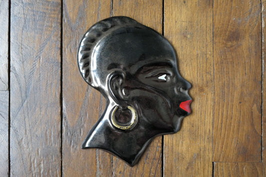 ANCIENNE CERAMIQUE VALLAURIS MARQUE PP TETE PORTRAIT DE FEMME NOIRE