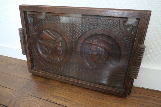 ANCIEN PLATEAU BOIS SCULPTE VERRE COUPLE BRETON DECO BRETAGNE ART POPULAIRE