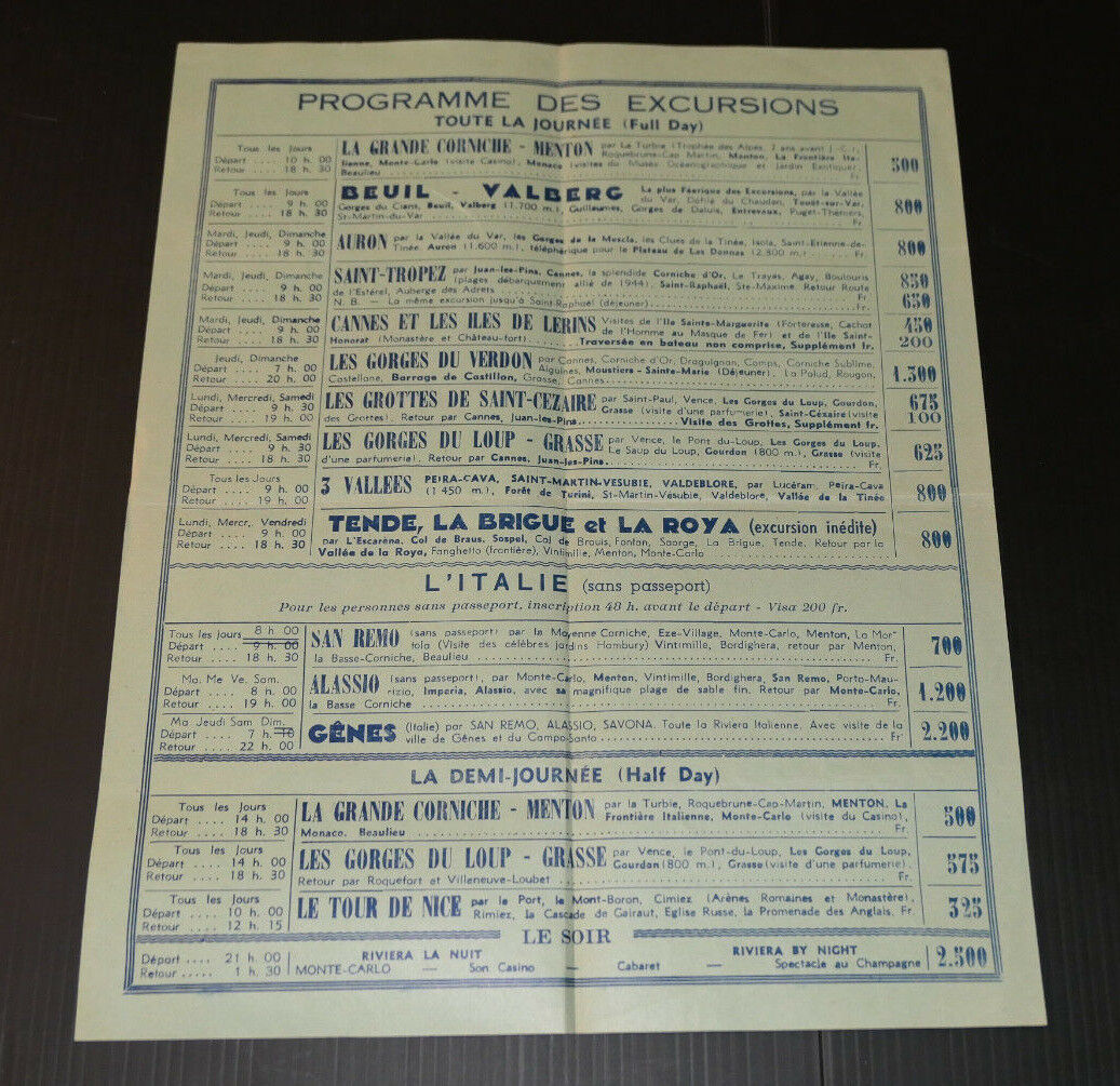 ANCIEN DEPLIANT PUBLICITE TOURISME AUTOCARS SANTA NICE EXCURSIONS ETE 1954