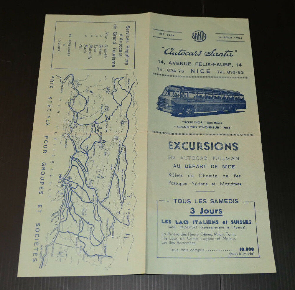 ANCIEN DEPLIANT PUBLICITE TOURISME AUTOCARS SANTA NICE EXCURSIONS ETE 1954