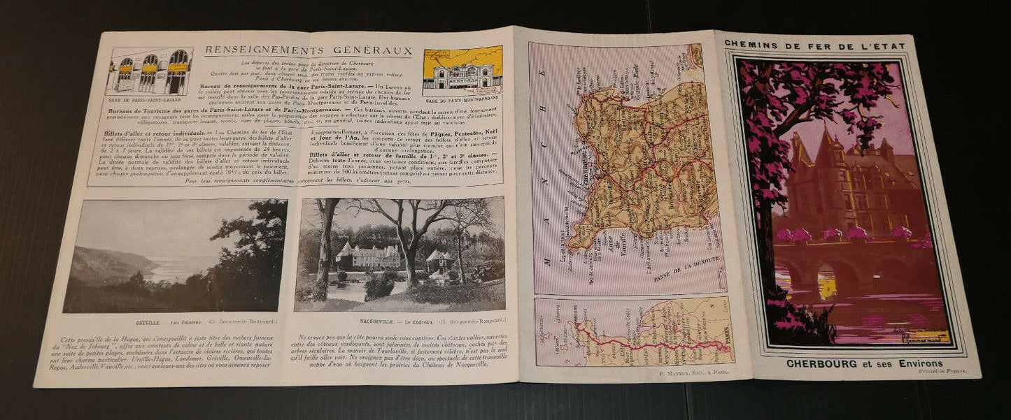 ANCIEN DEPLIANT TOURISTIQUE CHEMINS DE FER DE L'ETAT CHERBOURG CIRCA 1910