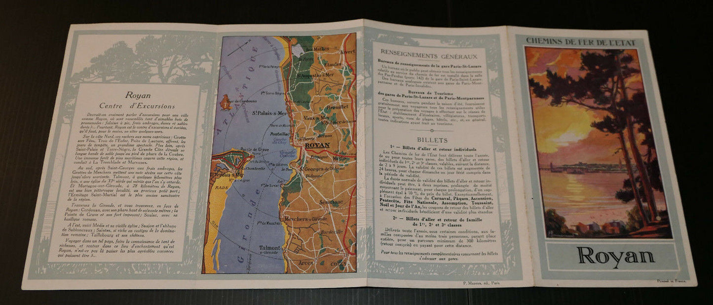 ANCIEN DEPLIANT TOURISTIQUE CHEMINS DE FER DE L'ETAT ROYAN CIRCA 1910