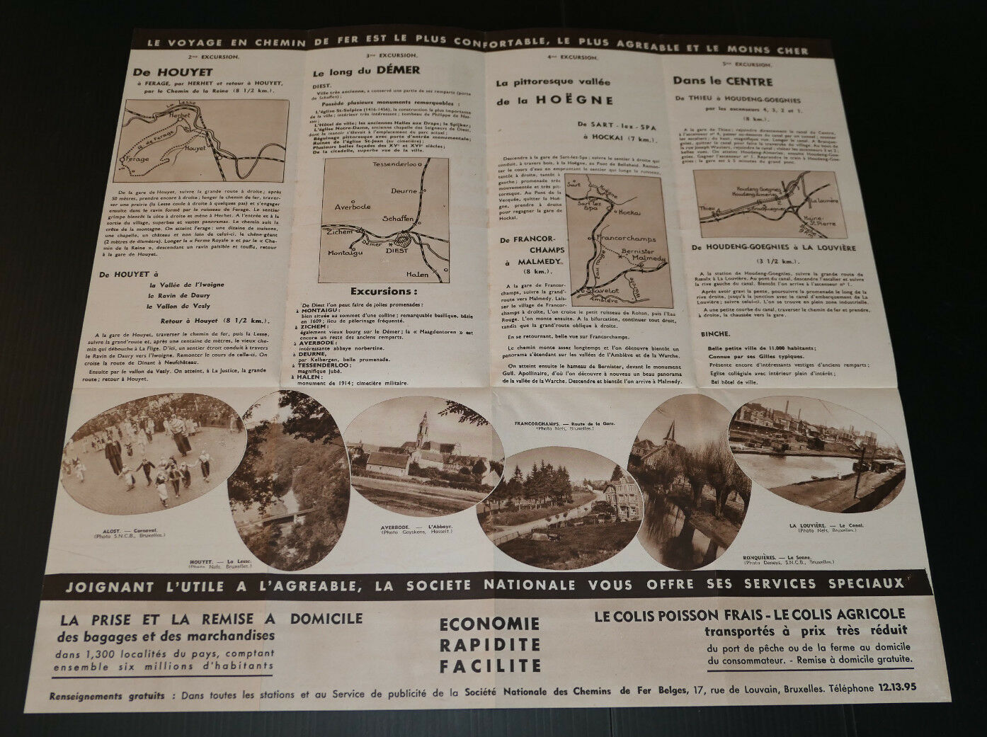 ANCIEN DEPLIANT SOCIETE NATIONALE DES CHEMINS DE FER BELGES EXCURSIONS 1939