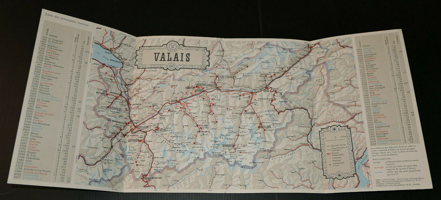 ANCIEN DEPLIANT PUBLICITE TOURISME VALAIS SUISSE CARTE STATIONS 1960