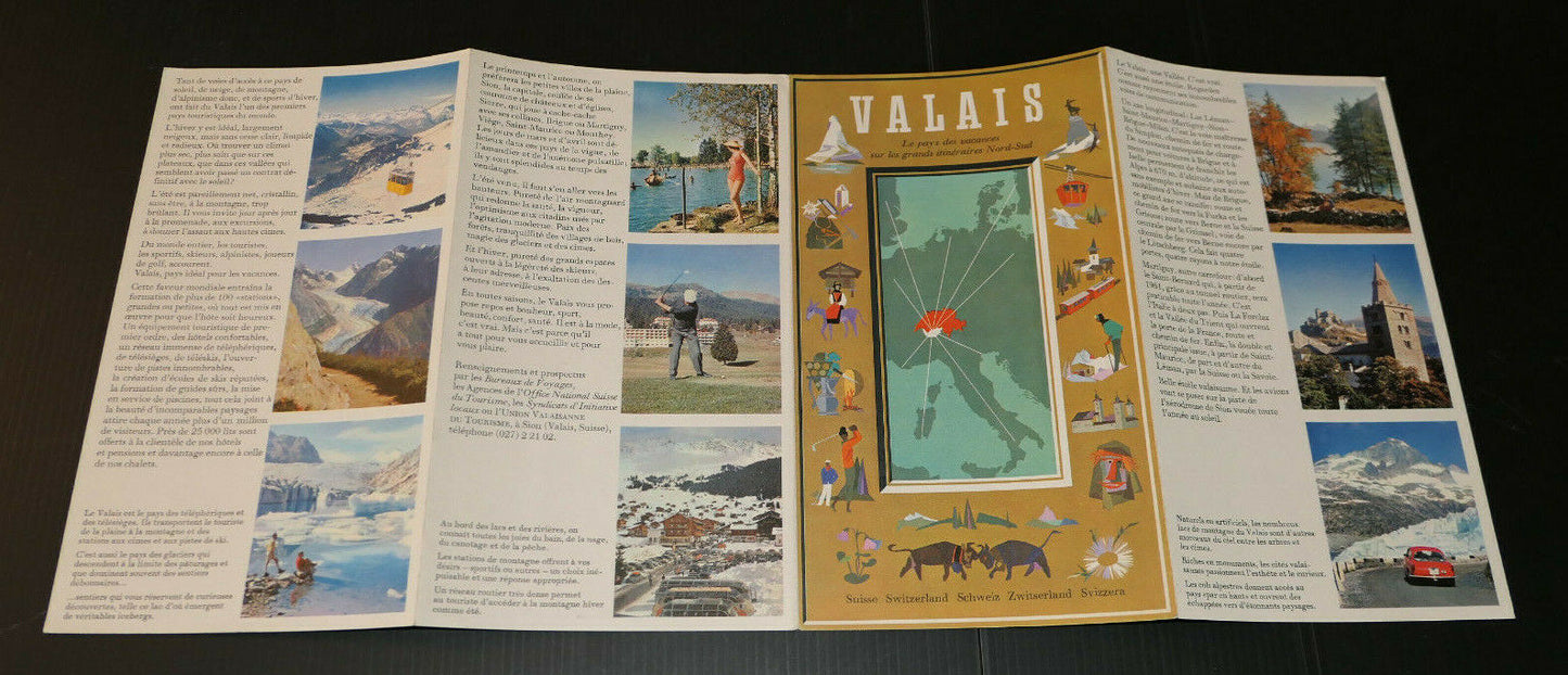 ANCIEN DEPLIANT PUBLICITE TOURISME VALAIS SUISSE CARTE STATIONS 1960
