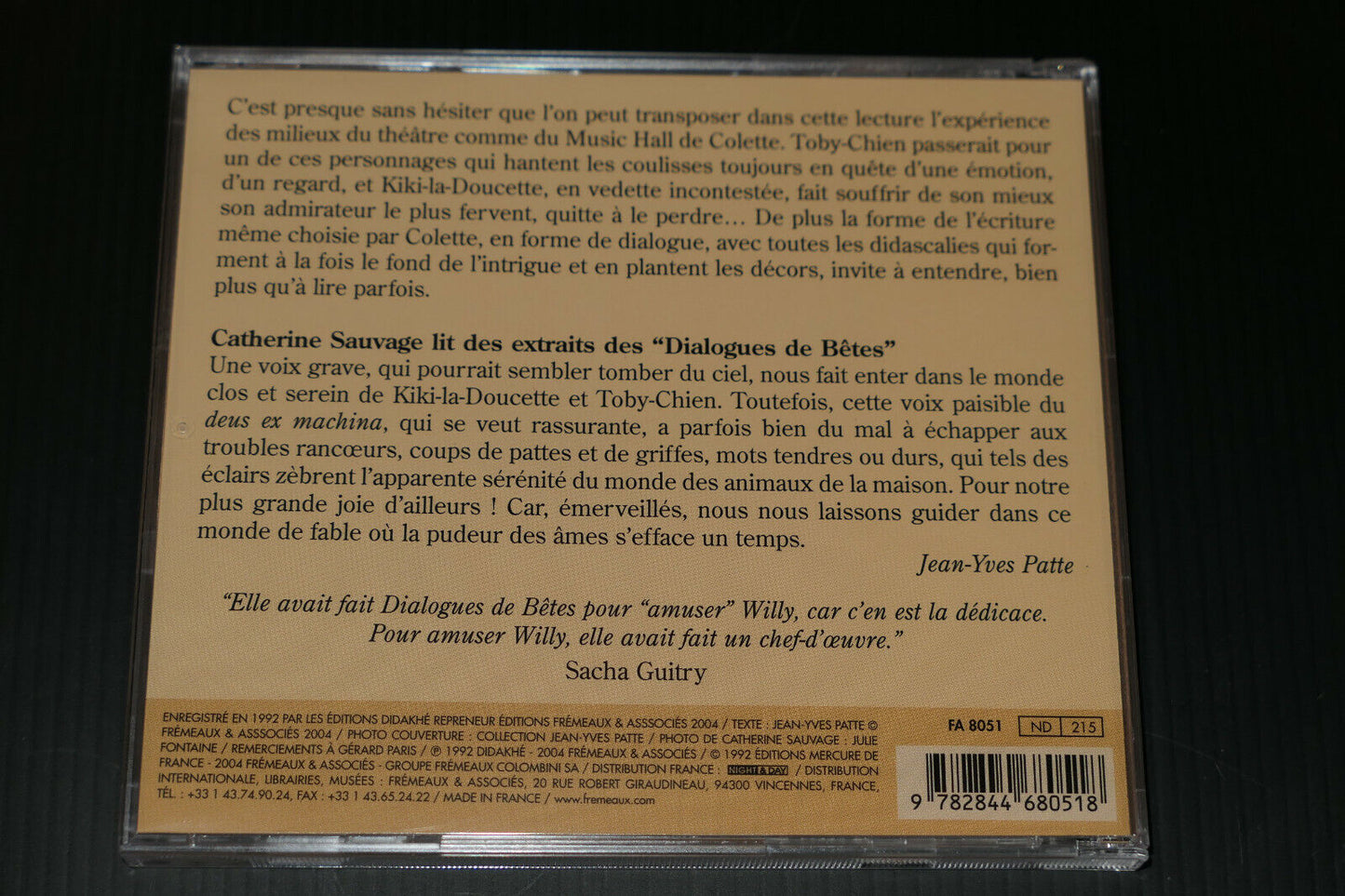 CD DIALOGUES DE BETES / COLETTE / LU PAR CATHERINE SAUVAGE / 2004