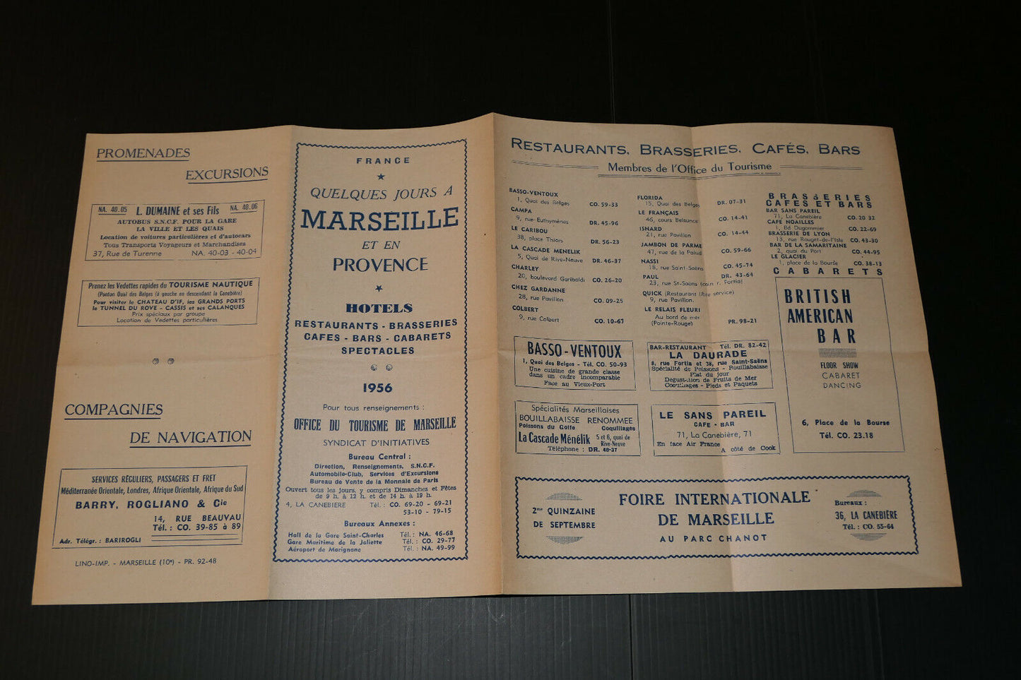 ANCIEN DEPLIANT PUBLICITE MARSEILLE PROVENCE HOTELS RESTAURANTS TOURISME 1956