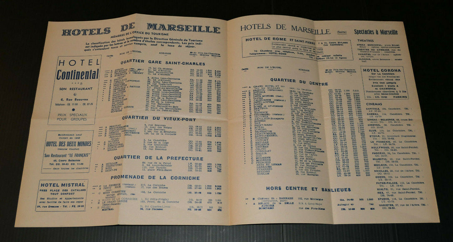 ANCIEN DEPLIANT PUBLICITE MARSEILLE PROVENCE HOTELS RESTAURANTS TOURISME 1956