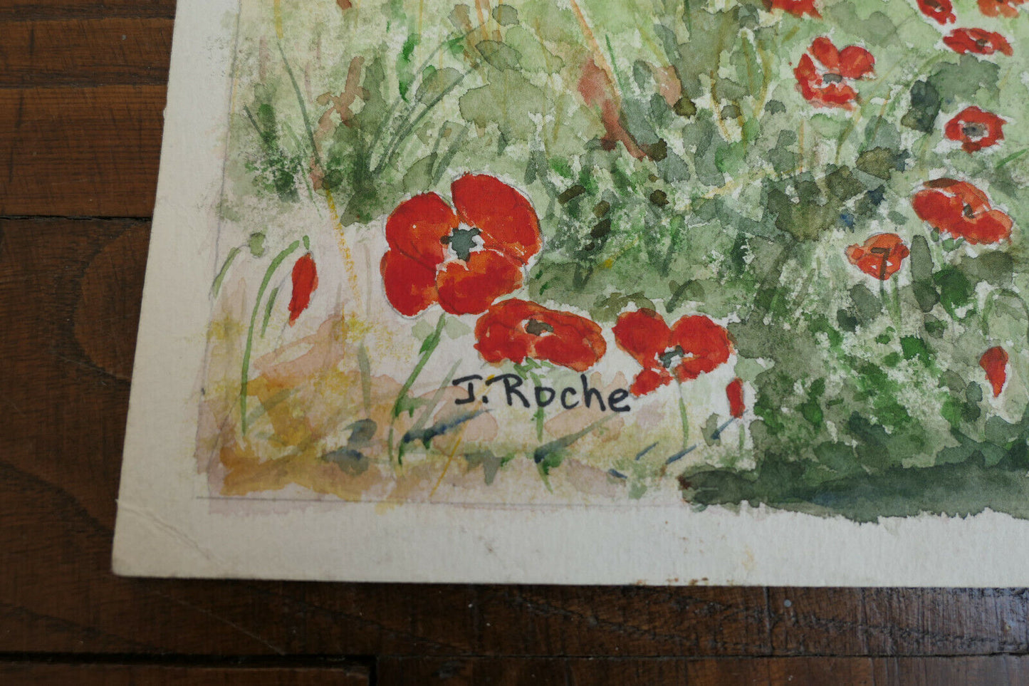 PEINTURE AQUARELLE PAYSAGE CHAMPETRE RIVIERE FLEURS SIGNE J. ROCHE