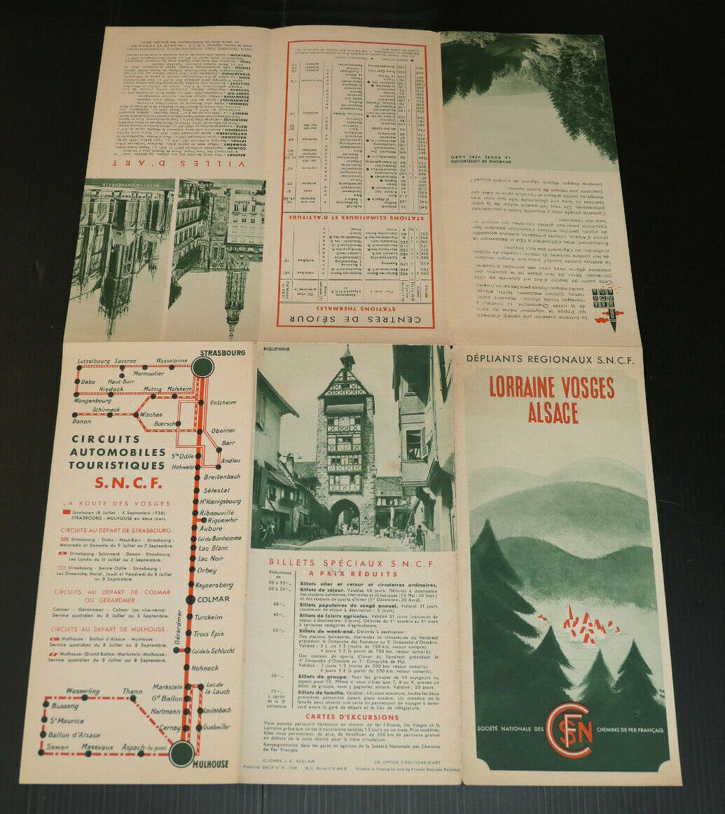 ANCIEN DEPLIANT TOURISTIQUE VOYAGE TRAIN SNCF LORRAINE VOSGES ALSACE 1938