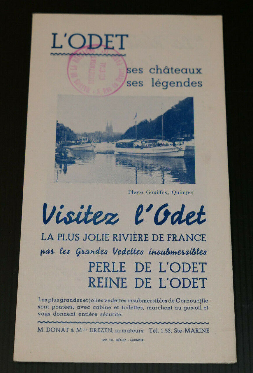 ANCIEN DEPLIANT TOURISTIQUE VISITEZ L'ODET QUIMPER GUIDE + HORAIRE VEDETTES 1960